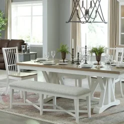 Mor Furniture Seating For 6|Dining Room Sets|Americana Trestle Dining Table & 4 Chairs & Bench In Cotton
