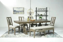 Mor Furniture Seating For 6|Dining Room Sets|Bay Creek Extendable Dining Table, 4 V-Back Chairs & High Back Bench In Graphite