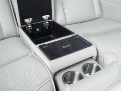 Mor Furniture Reclining Loveseats|Loveseats|Bowden 2 Power Console Loveseat W/ Cooler In Blanca Light Gray Leather