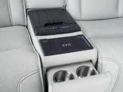 Mor Furniture Reclining Loveseats|Loveseats|Bowden 2 Power Console Loveseat W/ Cooler In Blanca Light Gray Leather