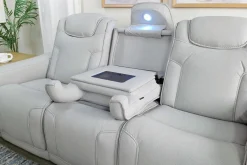 Mor Furniture Reclining Sofas|Sofas|Bowden 2 Power Sofa W/ Drop Down Table In Blanca Light Gray Leather