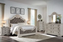 Mor Furniture Bedroom Sets|Bruchandi Upholstered Panel Bed, Dresser, Mirror & Nightstand In Antique White, Queen