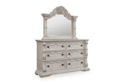 Mor Furniture Bedroom Sets|Bruchandi Upholstered Panel Bed, Dresser, Mirror & Nightstand In Antique White, Queen