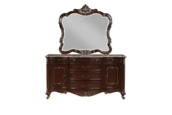 Mor Furniture Bedroom Sets|Constantine Upholstered Bed, Dresser, Mirror & Nightstand In Cherry, Queen