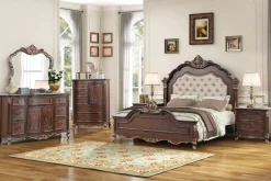Mor Furniture Bedroom Sets|Constantine Upholstered Bed, Dresser, Mirror & Nightstand In Cherry, Queen