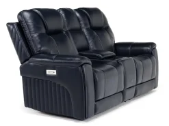 Mor Furniture Reclining Loveseats|Immersive Sound Sofas|Echo 3 Power Console Loveseat In Rainier Walnut Leather