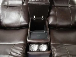 Mor Furniture Reclining Loveseats|Immersive Sound Sofas|Echo 3 Power Console Loveseat In Rainier Walnut Leather