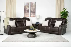 Mor Furniture Reclining Loveseats|Immersive Sound Sofas|Echo 3 Power Console Loveseat In Rainier Walnut Leather