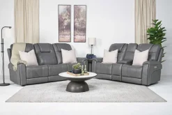 Mor Furniture Reclining Loveseats|Immersive Sound Sofas|Echo 3 Power Console Loveseat In Rainier Walnut Leather
