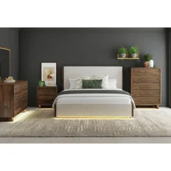 Mor Furniture Bedroom Sets|Elm Upholstered Bed W/ Lights, Dresser, Mirror & Nightstand In Brown, Queen
