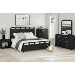Mor Furniture Bedroom Sets|Emberly Panel Bed, Dresser, Mirror & Nightstand In Black, Twin