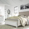 Mor Furniture Bedroom Sets|Kanwyn Upholstered Panel Bed, Dresser, Mirror & Nightstand In White Wash, Queen