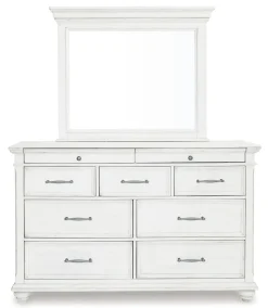 Mor Furniture Bedroom Sets|Kanwyn Upholstered Panel Bed, Dresser, Mirror & Nightstand In White Wash, Queen
