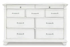 Mor Furniture Bedroom Sets|Kanwyn Upholstered Panel Bed, Dresser, Mirror & Nightstand In White Wash, Queen