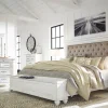 Mor Furniture Bedroom Sets|Kanwyn Upholstered Panel Bed W/ Storage, Dresser, Mirror & Nightstand In White Wash, Queen
