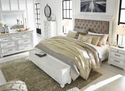 Mor Furniture Bedroom Sets|Kanwyn Upholstered Panel Bed W/ Storage, Dresser, Mirror & Nightstand In White Wash, Queen