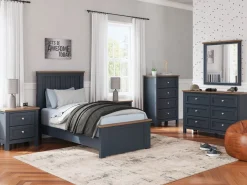 Mor Furniture Bedroom Sets|Landocken Panel Bed, Dresser, Mirror & Nightstand In Brown/Blue, Twin