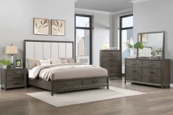 Mor Furniture Bedroom Sets|Landon Upholstered Panel Bed W/ Storage, Dresser, Mirror & Nightstand In Walnut, Queen