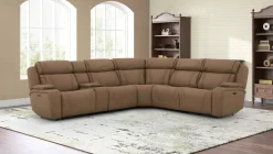 Mor Furniture Reclining Sectionals|Sectionals|Max 6 Piece 2 Power Sectional W/ 2 Power Armless Recliner In Aline Timber Leather