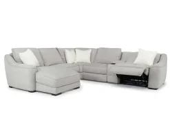 Mor Furniture Sectionals|Mayflower 6 Piece 2 Power Chaise Sectional W/ Audio Console In Ashland Sand, Left Facing