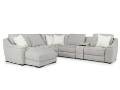 Mor Furniture Sectionals|Mayflower 6 Piece 2 Power Chaise Sectional W/ 2 Power Armless Recliner & Audio Console In Ashland Sand, Left Facing