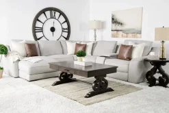 Mor Furniture Sectionals|Mayflower 6 Piece 2 Power Chaise Sectional W/ 2 Power Armless Recliner & Audio Console In Ashland Sand, Left Facing