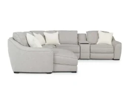 Mor Furniture Sectionals|Mayflower 6 Piece 2 Power Chaise Sectional W/ 2 Power Armless Recliner & Audio Console In Ashland Sand, Left Facing