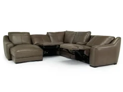 Mor Furniture Sectionals|Mayflower 6 Piece 2 Power Chaise Sectional W/ 2 Power Armless Recliner & Audio Console In Seville Umber Leather, Left Facing