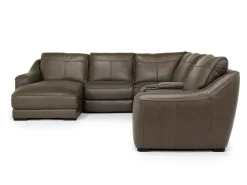 Mor Furniture Sectionals|Mayflower 6 Piece 2 Power Chaise Sectional W/ 2 Power Armless Recliner & Audio Console In Seville Umber Leather, Left Facing