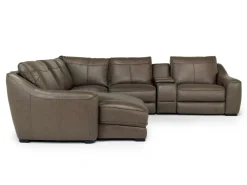 Mor Furniture Sectionals|Mayflower 6 Piece 2 Power Chaise Sectional W/ 2 Power Armless Recliner & Audio Console In Seville Umber Leather, Left Facing