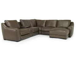 Mor Furniture Sectionals|Mayflower 6 Piece 2 Power Chaise Sectional W/ Audio Console In Seville Umber Leather, Left Facing