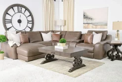 Mor Furniture Sectionals|Mayflower 6 Piece 2 Power Chaise Sectional W/ Audio Console In Seville Umber Leather, Left Facing