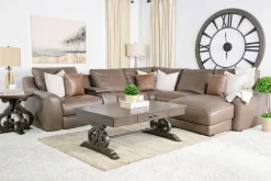 Mor Furniture Sectionals|Mayflower 6 Piece 2 Power Chaise Sectional W/ Audio Console In Seville Umber Leather, Left Facing