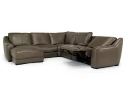 Mor Furniture Sectionals|Mayflower 6 Piece 2 Power Chaise Sectional W/ Audio Console In Seville Umber Leather, Left Facing