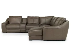 Mor Furniture Sectionals|Mayflower 6 Piece 2 Power Chaise Sectional W/ Audio Console In Seville Umber Leather, Left Facing