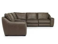Mor Furniture Reclining Sectionals|Sectionals|Mayflower 6 Piece 2 Power Sectional W/ 2 Power Armless Recliner & Audio Console In Seville Umber Leather