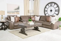 Mor Furniture Reclining Sectionals|Sectionals|Mayflower 6 Piece 2 Power Sectional W/ 2 Power Armless Recliner & Audio Console In Seville Umber Leather