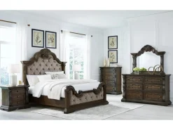Mor Furniture Bedroom Sets|Maylee Upholstered Panel Bed, Dresser, Mirror & Nightstand In Dark Brown, Queen