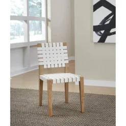 Mor Furniture Dining Chairs|One Side Chair In Bisque, Woven Leather, Set Of 2