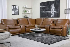 Mor Furniture Reclining Sectionals|Sectionals|Paradise 7 Piece 2 Power Sectional W/ 2 Power Armless Recliner In Chestnut Leather