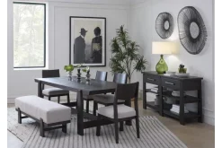 Mor Furniture Seating For 6|Dining Room Sets|Shelby Trestle Dining Table, 4 Wood Back Chairs & Bench In Coffee Bean