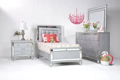 Mor Furniture Bedroom Sets|Valentino Panel Bed, Dresser, Mirror & Nightstand In Silver, Twin