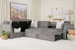Mor Furniture Sleeper Sofas|Sectionals|Vivian Queen Tux Sleeper Sectional W/ Drop Down Table In Handwoven Pewter, Right Facing