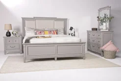 Mor Furniture Bedroom Sets|Willowbrook Upholstered Panel Bed, Dresser, Mirror & Nightstand In Pebble, Queen